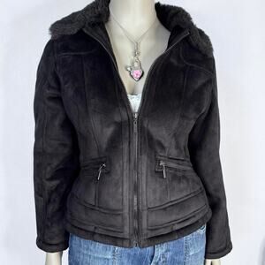 Black Faux Suede Jacket Faux Fur Collar Y2K 00s Style Tag Size Large